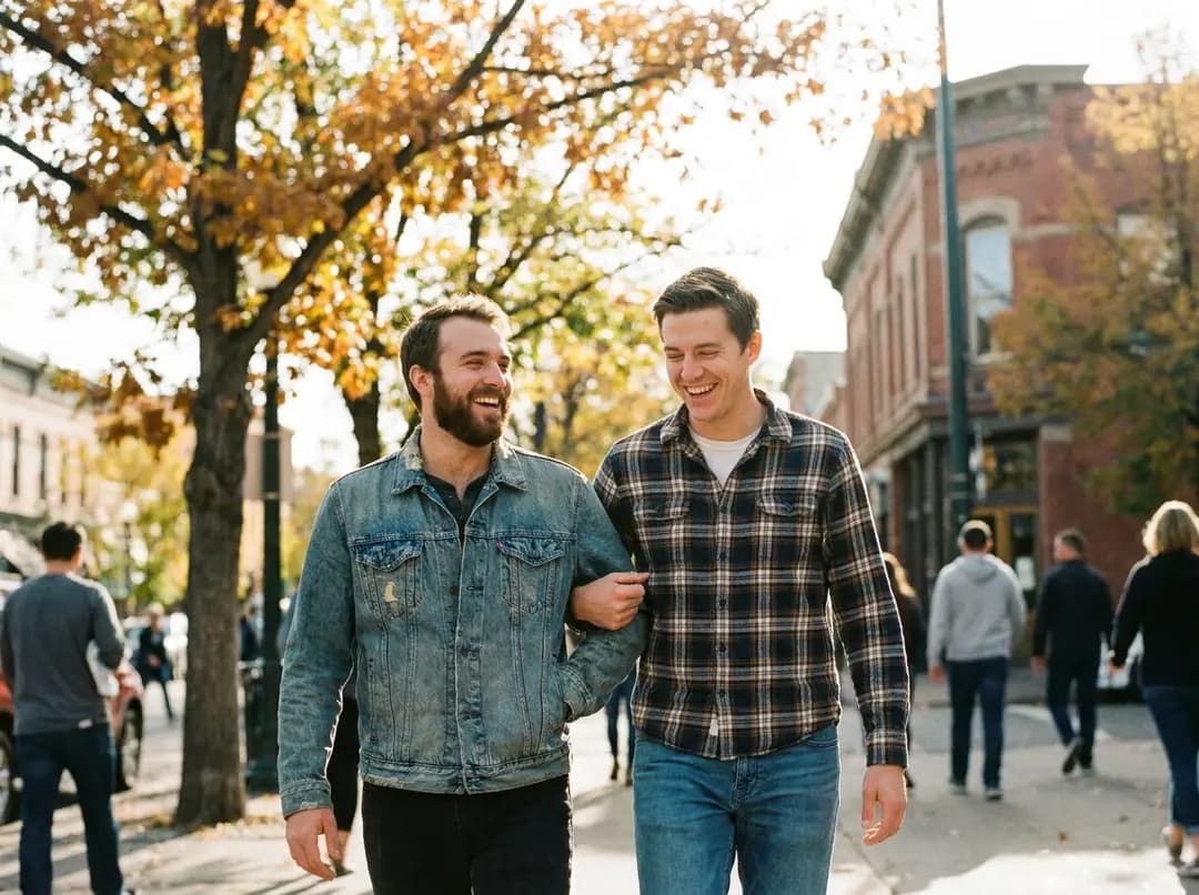 Couple walking arm in arm down a sunny Denver street