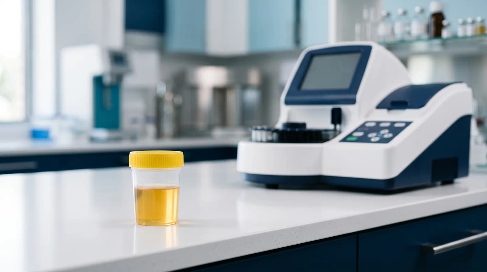 Sealed urine specimen cup beside a laboratory analyzer, used for UTI testing in Denver