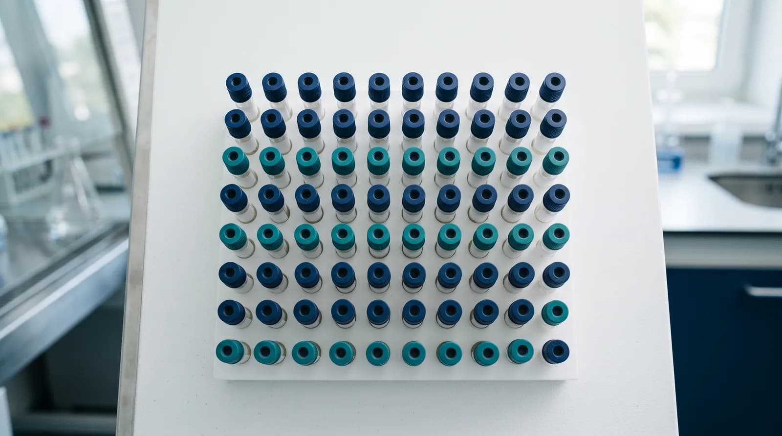 A neat grid of capped sample tubes representing the Precision Health 10-panel STD test in Denver