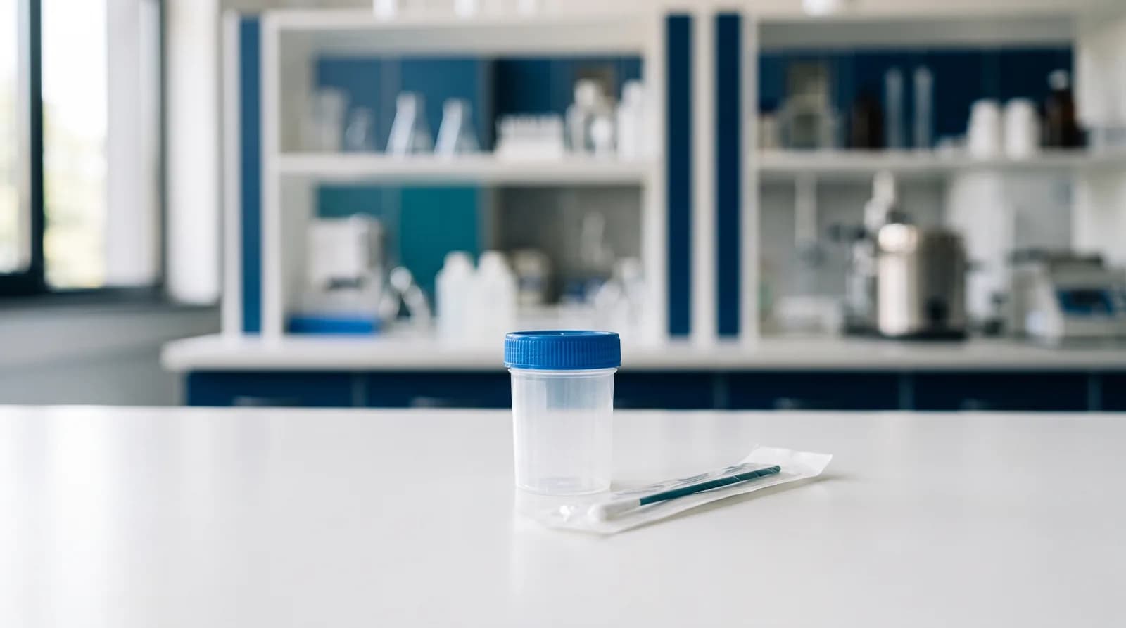 Sealed urine collection container and sterile swab on a clinic counter, used for chlamydia testing at Precision Health in Denver