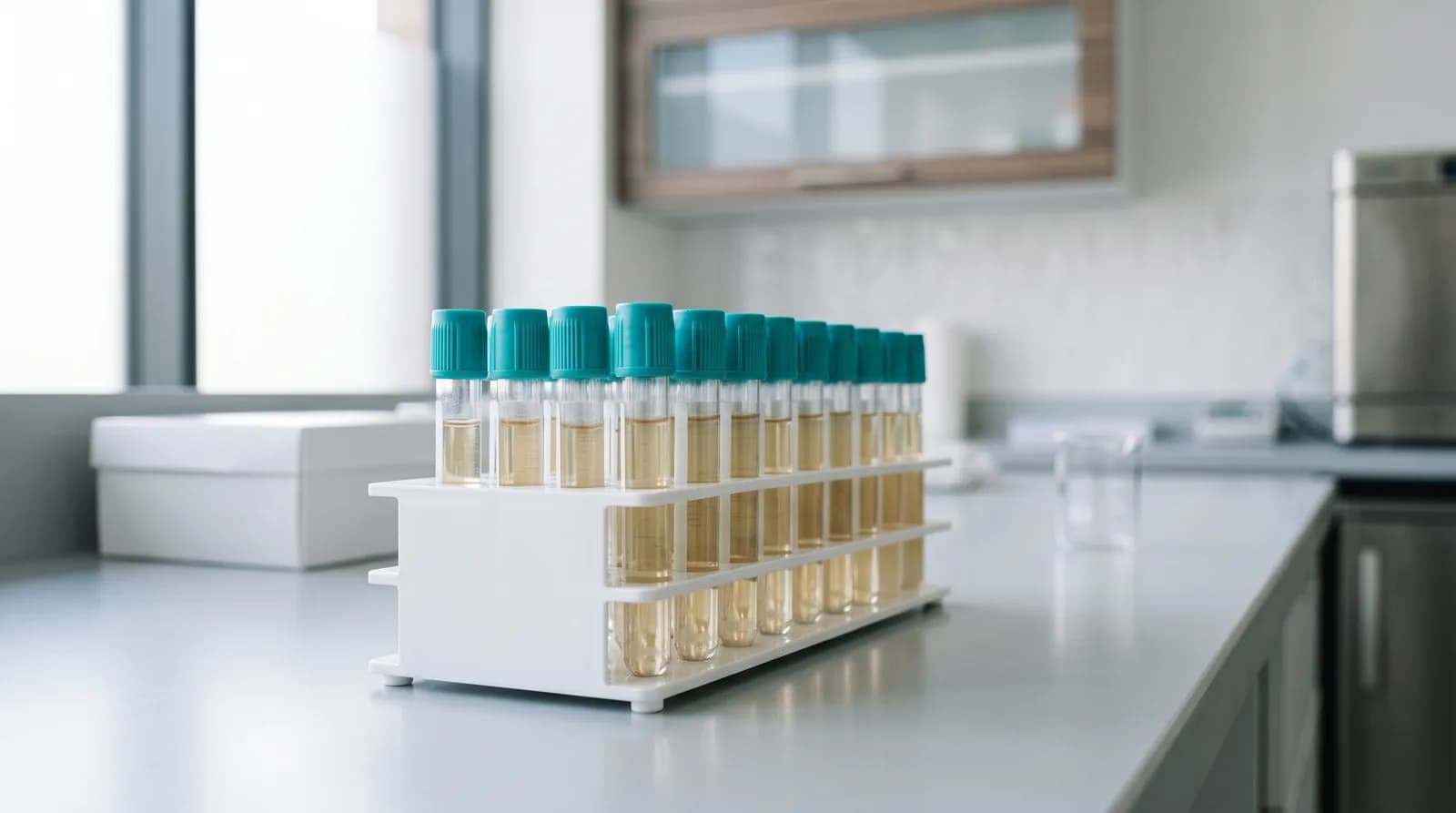 Capped specimen transport tubes in a tray at a Denver testing center, used for gonorrhea screening
