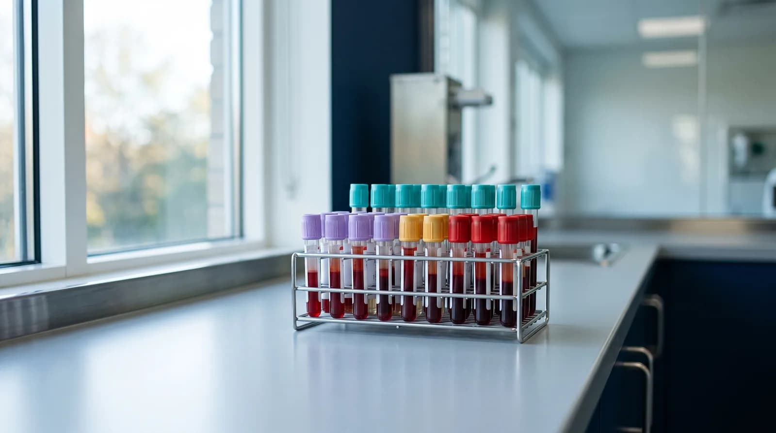 Rack of blood collection tubes used for hepatitis B screening at a Denver testing center