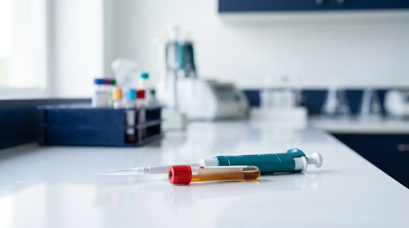 Serum tube and pipette on a laboratory bench, used for hepatitis C antibody testing in Denver