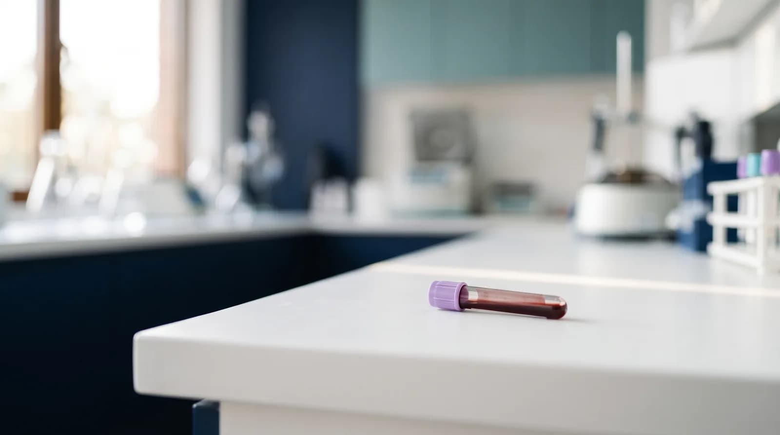 A single blood collection tube on a clean counter, used for confidential HIV 1 and 2 testing in Denver