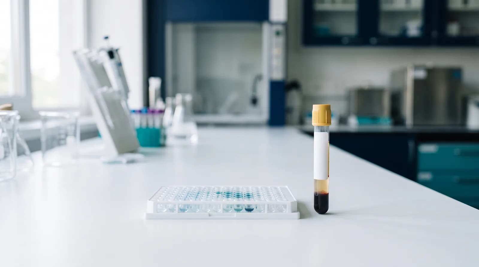 Serology plate and serum tube used for RPR syphilis testing at a Denver laboratory
