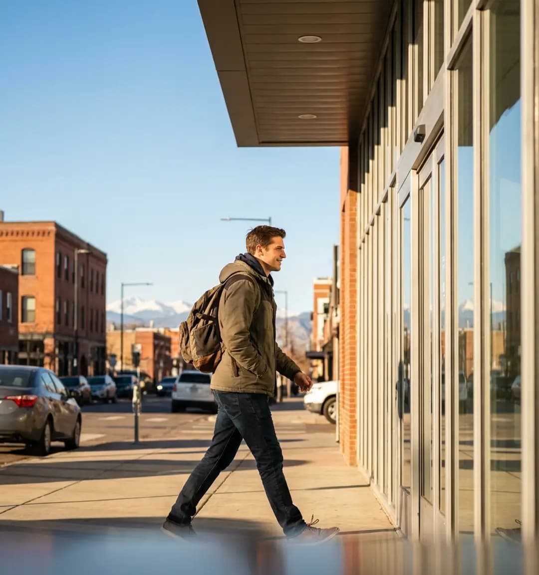 Man walking up to the glass entrance of a modern clinic on a sunny Denver morning